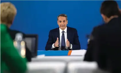  ?? ?? Greece's Prime Minister and New Democracy leader Kyriakos Mitsotakis, addresses journalist­s during a news conference at Lavrio town, southeast of Athens, Greece, Sunday, May 14, 2023. Photo: AP Photo/Yorgos Karahalis.