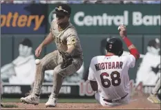  ?? JEFF ROBERSON/AP ?? ST. LOUIS CARDINALS’ LARS NOOTBAAR (68) is safe at second for a stolen base as San Diego Padres second baseman Adam Frazier handles the throw during the sixth inning of a game Sunday in St. Louis.