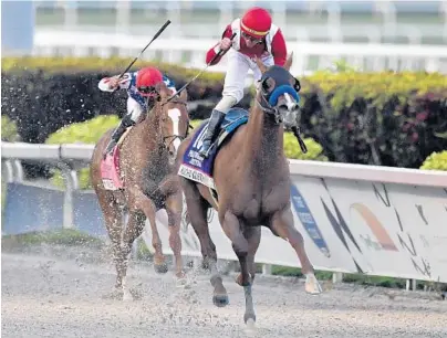  ?? MICHAEL LAUGHLIN/SUN SENTINEL ?? Mucho Gusto, ridden by Iran Ortiz Jr., wins The Pegasus World Cup Invitation­al race Saturday at Gulfstream Park.