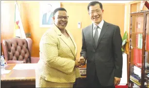  ?? — Picture by Justin Mutenda ?? Senate President Mabel Chinomona welcomes Chinese Ambassador to Zimbabwe Guo Shaochun at her offices in Harare yesterday.