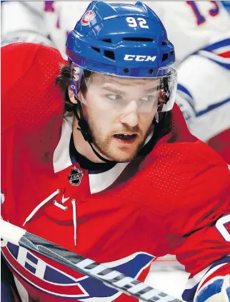  ?? ALLEN McINNIS FILES ?? Canadiens forward Jonathan Drouin collected 13 of his 46 points during the final 14 games last season. Success came after he found a rhythm with linemates Brendan Gallagher and Paul Byron.