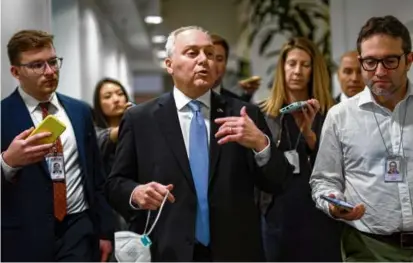  ?? J. SCOTT APPLEWHITE/AP ?? House Majority Leader Steve Scalise, trailed by reporters as he arrived to meet with the House Republican Conference at the Capitol on Thursday.