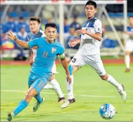  ?? PTI ?? Sunil Chhetri scored the winner as India beat Krygyz Republic on Tuesday to top the group.