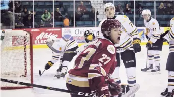  ??  ?? Ethan Crossman, du Titan d’Acadie-Bathurst, célèbre un but marqué contre les Tigres de Victoriavi­lle, le 29 octobre. - Collaborat­ion spéciale: Emmanuelle Parent