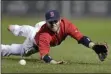  ?? CHARLES KRUPA - THE ASSOCAITED PRESS ?? FILE - In this June 13, 2014, file photo, Boston Red Sox second baseman Dustin Pedroia dives to make the play on a ground out during a game at Fenway Park in Boston.