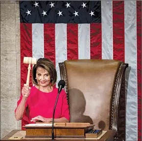  ?? The New York Times/ERIN SCHAFF ?? House Speaker Nancy Pelosi (top) wields her gavel after her election Thursday. Freshman Rep. Alexandria Ocasio-Cortez (left in lower left photo), D-N.Y., takes a selfie with fellow Democratic House members Barbara Lee (center) of California and Ann McLane Kuster of New Hampshire. As the new Congress opened, President Donald Trump reiterated his demand for border wall funding to end the partial government shutdown.