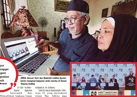  ?? FOTO: ADI SAFRI ?? AINUL Annuar (kiri) dan Badariah melihat liputan berita mengenai kejayaan anak mereka di Taman Tanjung Gading. NUR Adlyka (dua dari kiri) bersama ahli astronomi lain pada sidang media di Grapevine, Texas, Amerika Syarikat, kelmarin.