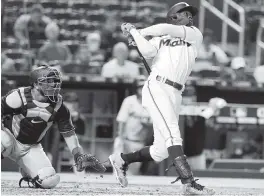  ?? MARTA LAVANDIER AP ?? Jazz Chisholm Jr. hits his second home run of the game in the fifth inning Monday. For the Marlins-Nationals result, go to miamiheral­d.com/sports