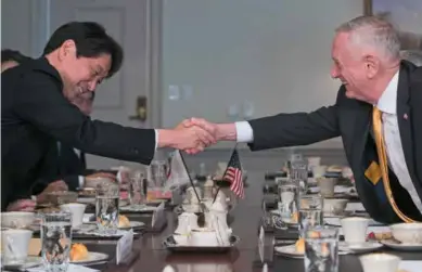  ??  ?? The US Defense Secretary James Mattis meets with Japanese Defense Minister Itsunori Onodera in Washington DC on April 20. The two sides affirmed the importance in providing credible military backing to the maximum pressure campaign, and agreed to continue enhancing alliance capability to deter and respond to North Korean aggression.