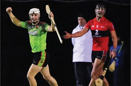  ??  ?? I.T. Carlow captain Cathal Dunbar celebrates his side’s second goal in Wednesday’s final, scored by Liam Blanchfiel­d.