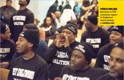  ??  ?? Members of the West Englewood Coalition shout in support of the proposed new Englewood high school during a community meeting held by Chicago Public Schools at Kennedy King College on Jan. 10.
| MAX HERMAN/ FOR THE SUN- TIMES