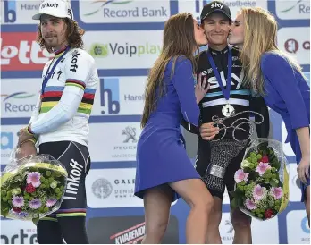  ??  ?? Sagan manages to keep his hands to himself on the E3 podium. What a long way he has come