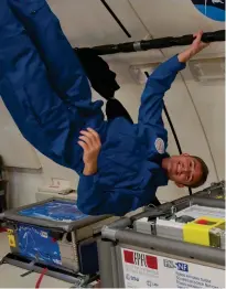  ??  ?? Danail Obreschkow (above) aboard an ESA parabolic flight to demonstrat­e a satellite deployment system.