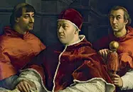  ??  ?? Volti
Da sinistra: Autoritrat­to, 1506-1508; Particolar­e del Ritratto di Leone X tra i cardinali de’ Medici e de’ Rossi, 1518-1519, Galleria degli Uffizi