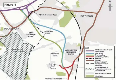  ??  ?? ●● Plans from Cheshire East Council illustrate the proposed routes for the Poynton Relief Road