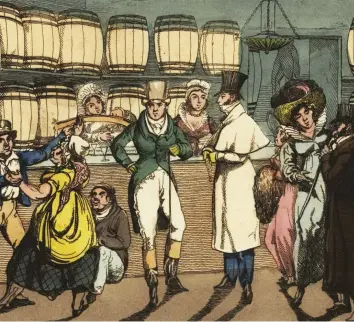  ??  ?? Slumming it
Regency dandies mix with Irish labourers and prostitute­s in a gin palace in St Giles, London in an 1821 engraving. By 1849, conditions in the infamous slum were so bad that its residents had written to the editor of The Times to plea for help