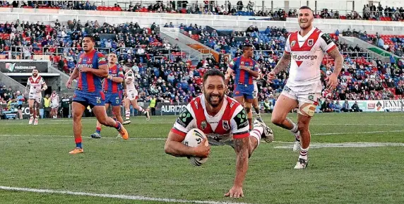  ??  ?? Dragons playmaker Benji Marshall scores against the Knights yesterday.