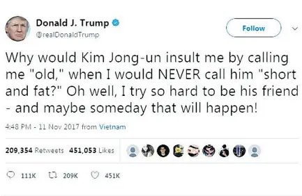  ?? @ REALDONALD­TRUMP / TWITTER ?? U. S. President Donald Trump’s latest tweet is further proof that a particular­ly callow teenage girl is trapped in the 70-year- old body of the leader of the free world, writes columnist Jen Gerson.