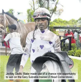  ?? ?? Jockey Sadiki Blake made use of a chance ride opportunit­y to win on the Gary Subratie-trained D Head Cornerston­e.