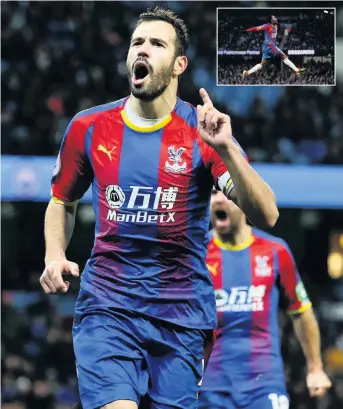  ??  ?? ■ Luka Milivojevi­c of Crystal Palace celebrates after scoring his team’s third goal while, inset, Jeffrey Schlupp after scoring Palace’s first
