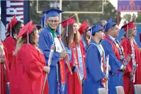  ?? ?? The Strathmore High School Class of 2023 make their way to their seats at the beginning of their graduation ceremony at Spartan Stadium on Thursday night.