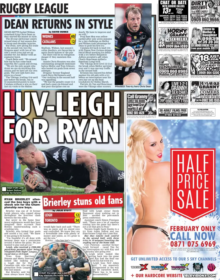  ??  ?? HIGH FOR LOW: Adam Sidlow scores for Toronto O-KAY: Ex-Leigh star Liam Kay silences the home fans