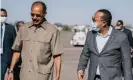  ??  ?? Ethiopia’s prime minister Abiy Ahmed, right, and Eritrea’s President Isaias Afwerki at Asmara airport last week. Photograph: Aron Simeneh/AFP/Getty Images