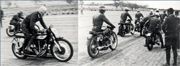  ??  ?? ABOVE Max Eaves gets his 500 Norton under way ahead of Bob Easton’s Triumph. ABOVE RIGHT Scratch man Max Stephens waits at the back for the start of a handicap event. BELOW‘ Ike’ Chenall (90), Sam Hughes (18) and Noel Windsor rounding the drums in 1954. This is the hairpin at the bottom of the ‘J’.