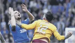  ??  ?? 2 Blood and thunder: Fabio Cardoso, main picture, suffers a broken nose while playing for Rangers in last season’s Betfred Cup semi-final following a challenge by Motherwell’s Ryan Bowman, top. Fir Park captain Peter Hartley, left, said it was ‘fun to watch’ before later apologisin­g.