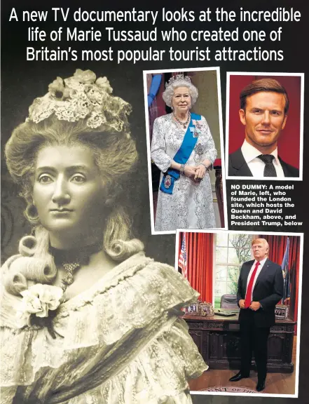  ?? Pictures: GeTTY ?? NO DUMMY: A model of Marie, left, who founded the London site, which hosts the Queen and David Beckham, above, and President Trump, below
