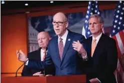  ??  ?? WASHINGTON: From left, House Ways and Means Committee Chairman Rep. Kevin Brady, R-Texas, House Energy and Commerce Committee Chairman Rep Greg Walden, R-Ore, and House Majority Leader Kevin McCarthy of Calif, participat­e in a news conference on...