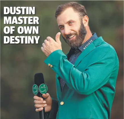  ??  ?? Dustin Johnson speaks to the media after winning the Masters at Augusta National Golf Club. Picture: Getty Images