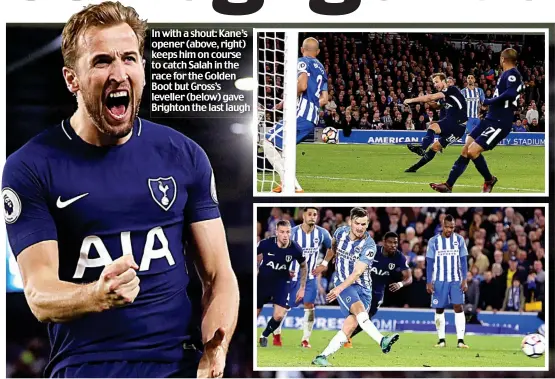  ??  ?? In with a shout: Kane’s opener (above, right) keeps him on course to catch Salah in the race for the Golden Boot but Gross’s leveller (below) gave Brighton the last laugh