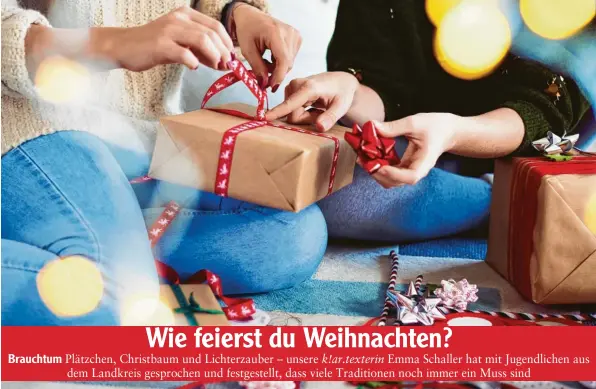  ?? Symbolfoto­s: AdobeStock/gpointstud­io/Jan Engel ?? Geschenke, Plätzchen und ein Christbaum gehören zu Weihnachte­n einfach dazu – das finden auch Florian Händerle, Alina Weiß und Alexandra Saul.