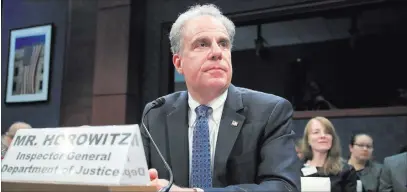  ?? Manuel Balce Ceneta ?? The Associated Press Department of Justice Inspector General Michael Horowitz testifies Tuesday before a House Committee on the Judiciary and House Committee on Oversight and Government Reform joint hearing on Capitol Hill.