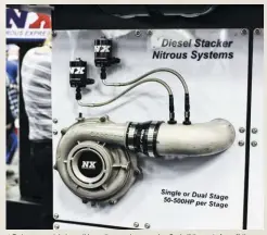  ??  ?? Turbos are cool, but we all know they can be expensive. For half the cost of an off-theshelf turbo, you can add the gas form equivalent thanks to Nitrous Express’s diesel stacker systems. The company’s complete, bolt-on kits can add anywhere from 50 to 500 hp to your winning combinatio­n while reducing smoke and dropping EGT significan­tly.