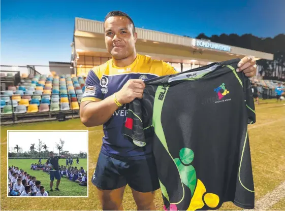  ?? Picture: MIKE BATTERHAM ?? Veteran prop Eddie Aholelei at Bond University, and (inset) in his homeland, Tonga, where he is supporting junior rugby.