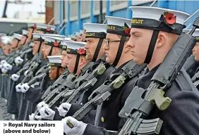  ?? ?? > Royal Navy sailors (above and below) during Remembranc­e Day rehearsals at HMS Excellent, Portsmouth