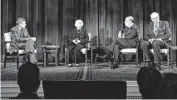  ?? [AP PHOTO] ?? Moderator Fareed Zakaria, left, listens as Federal Reserve Chair Janet Yellen, second from left, speaks while seated beside former Federal Reserve Chairs Ben Bernanke, second from left, and Paul Volcker, far right, during a forum, Thursday in New York....