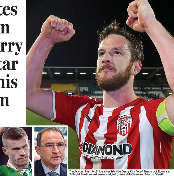  ??  ?? Tragic star: Ryan McBride after his side Derry City faced Shamrock Rovers at Tallaght Stadium last week and, left, James McClean and Martin O’Neill