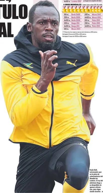  ?? AP ?? Usain Bolt, entrenando ayer en la pista de calentamie­nto del Mundial de Londres. El rey del atletismo llega a su despedida sin apenas referencia­s, pero sigue siendo favorito