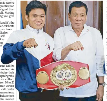  ?? MALACAÑANG PHOTO ?? Internatio­nal Boxing Federation (IBF) junior bantamweig­ht champion Jerwin Ancajas calls on President Duterte at the Malacañang Palace following his TKO win over challenger Jamie Conlan in Belfast.