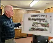  ?? PHOTOS BY MICHAEL WEBER — ENTERPRISE-RECORD ?? TOP: St. Thomas More Catholic Church seen Thursday in Paradise. ABOVE: Greg Kidder, parish steward for St. Thomas More Catholic Church holds up a design schematic for the church’s future Family Life Center on Thursday in Paradise. RIGHT: A dedication to the original St. Thomas More Catholic Church is seen outside the current church building Thursday in Paradise.