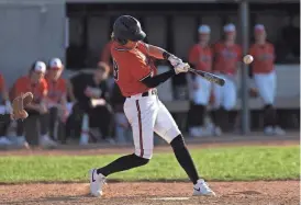  ?? ?? Byron left fielder Aaron Lorenz (18) takes a cut in Byron's Big Northern baseball opener against Rock Falls on April 9 at Byron High School.