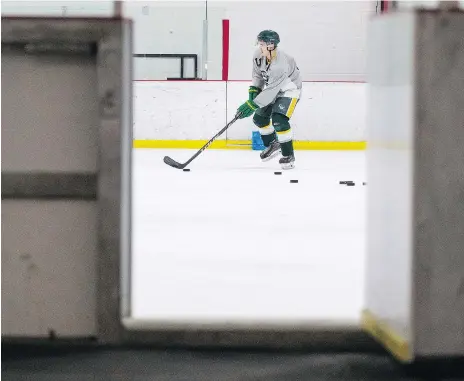  ?? LIAM RICHARDS ?? Humboldt Broncos bus crash survivor Brayden Camrud gets in some ice time at Rod Hamm Arena in Saskatoon on Monday. It’s the third time he has been on skates since the crash. Camrud continues his recovery and is training for next year’s SJHL hockey...