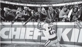  ?? THE ASSOCIATED PRESS ?? Tennessee Titans cornerback Adoree’ Jackson celebrates with fans after the NFL wild-card win against the Kansas City Chiefs on Saturday in Kansas City, Mo.