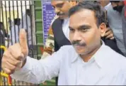  ?? PTI ?? Former telecom minister A Raja leaves the Patiala House Court after his acquittal in the 2G case in New Delhi on Thursday.