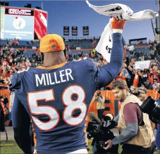  ?? AP PHOTO ?? Denver Broncos outside linebacker Von Miller leaves the field after an NFL game against the New York Jets on Sunday in Denver. The Broncos won 23-0.