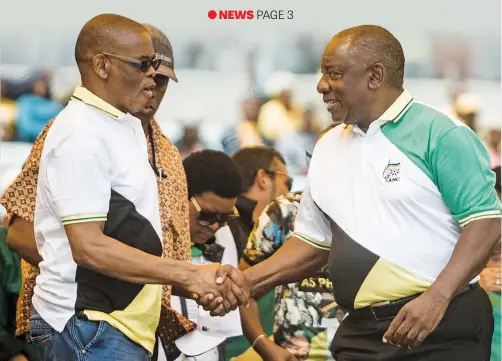  ?? Picture: AFP ?? FLASHBACK. ANC President Cyril Ramaphosa shakes hands with ANC secretary-general Ace Magashule during the party’s
107th anniversar­y celebratio­ns at the Moses Mabhida Stadium in Durban on January 12, 2019. Today, the pair are at loggerhead­s over Magashule’s refusal to heed a step-aside order from the ANC.