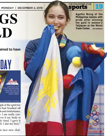  ?? JOEY MENDOZA ?? Agatha Wong of the Philippine­s beams with pride after winning the gold in women’s Taijiquan at the World Trade Center.